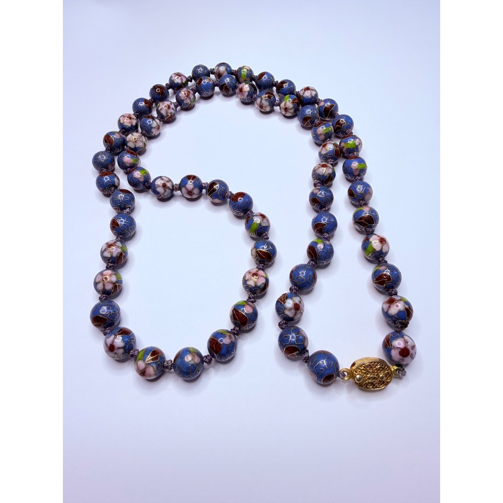 Vintage Blue Cloisonné Floral Bead Necklace – Hand Knotted Enamel Beads 30"